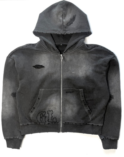 Distressed Crop Fit Zip-Up