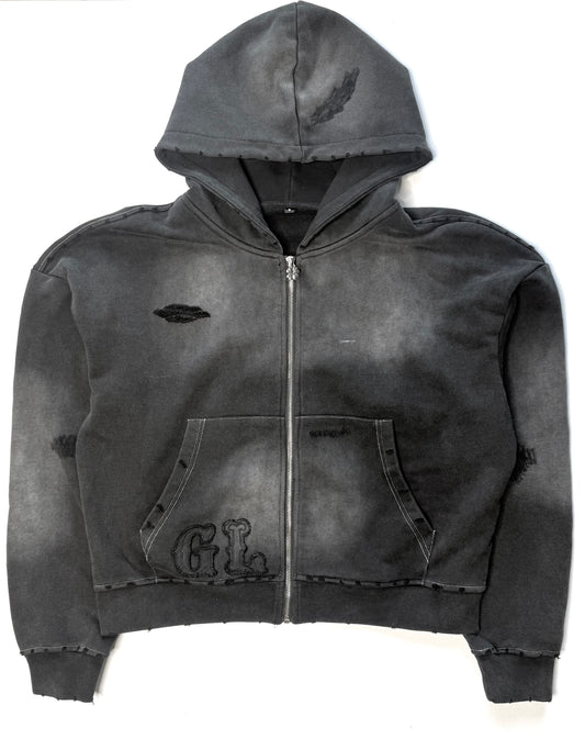 Distressed Crop Fit Zip-Up