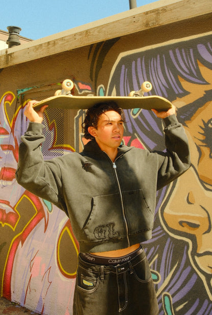 Distressed Crop Fit Zip-Up